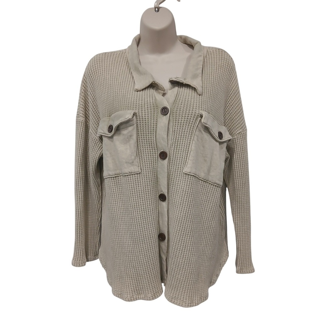 Molly Green Womens Oversized Sm Waffle Knit Shacket Oatmeal Beige Button Front